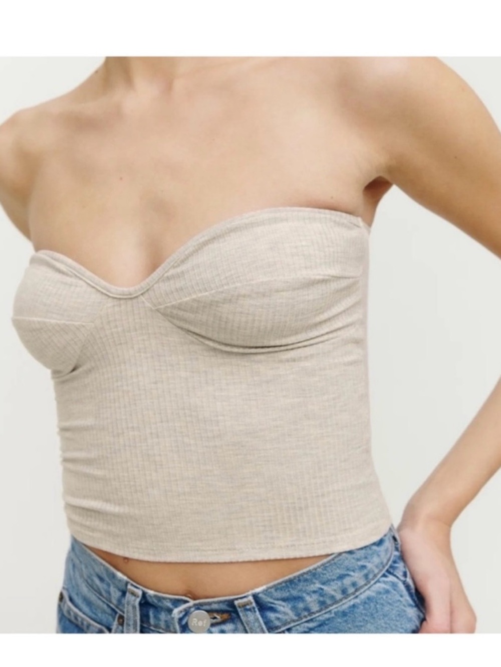 Reformation Strapless Ribbed Bustier Top in Beige